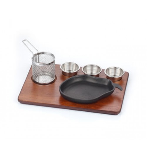 Avakado Fajita Tavası Doğal MDF Ahşap Üzerine Teflon Döküm Set / Kod:217 07