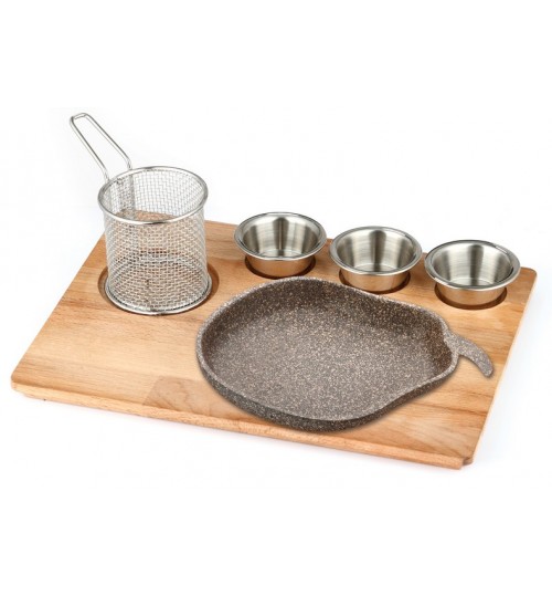 Avakado Fajita Tavası Doğal Masif Ahşap Üzerine Granit Döküm Set / Kod:217 05
