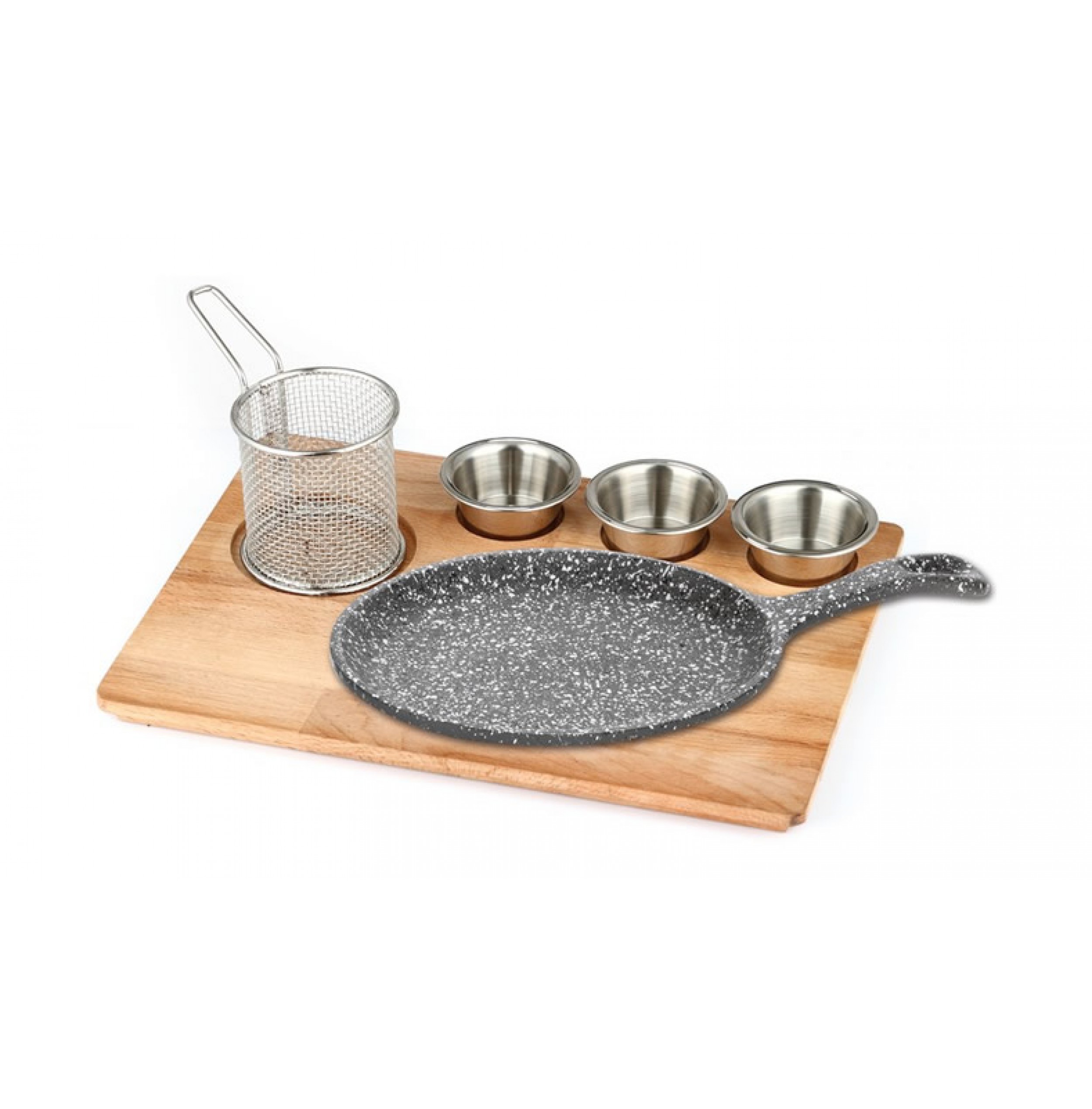 Döküm Saplı Fajita Tavası Doğal Masif Ahşap Üzerine Granit Döküm Set / Kod:156K 05