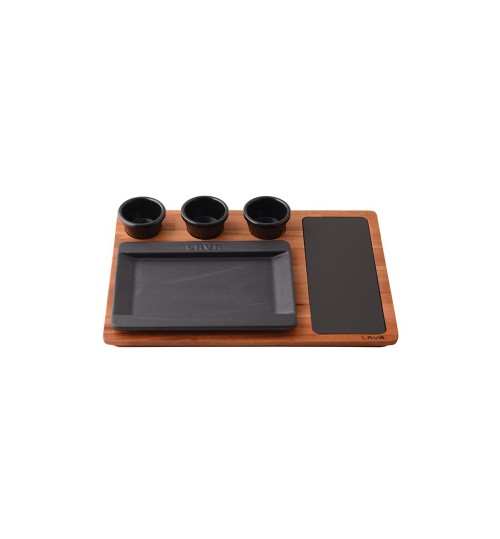 Lava Ahşap Altlıklı Dikdörtgen Servis Tabağı Döküm Demir Plaka 18×25 cm