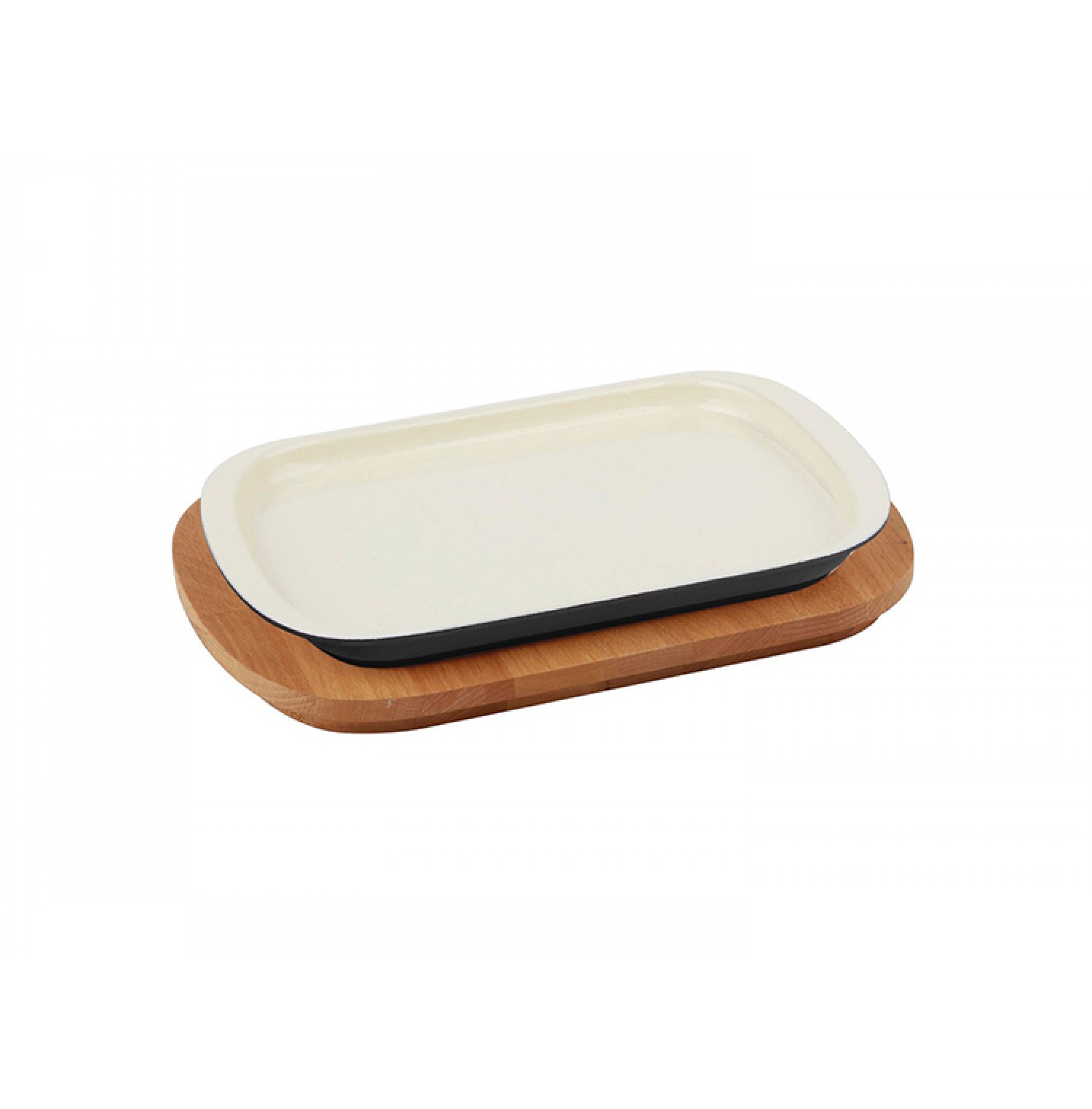 Lava Ahşap Altlıklı Döküm Demir Servis Tabağı 32×20 cm Krem